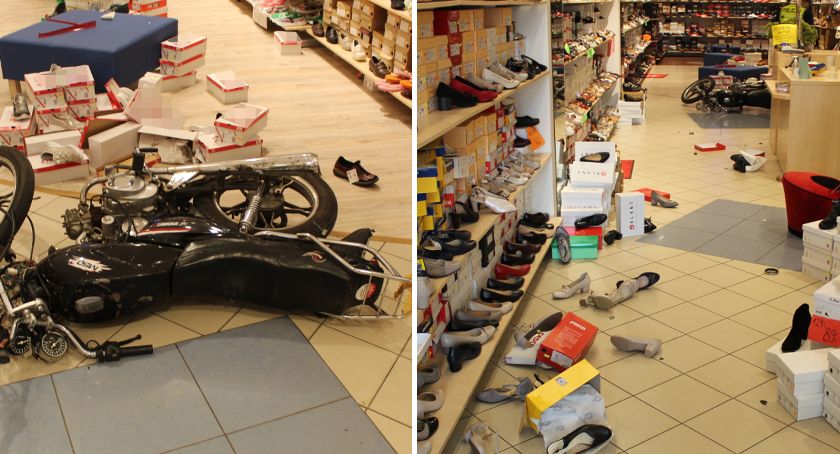 Skradzionym motorowerem wjechał do sklepu obuwniczego w regionie [ZDJĘCIA]