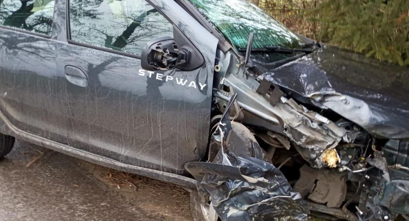 Dacia uderzyła w drzewo i wylądowała w rowie. Od rana ślisko na drogach [ZDJĘCIA]