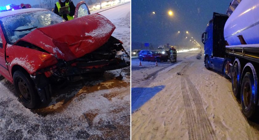 Włocławek. Wypadek na Toruńskiej. Volkswagen wpadł w poślizg i zderzył się z ciężarówką [ZDJĘCIA]