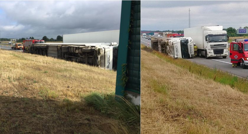 Samochód ciężarowy wywrócił się na autostradzie A1 w powiecie włocławskim. Wyciekła substancja chemiczna