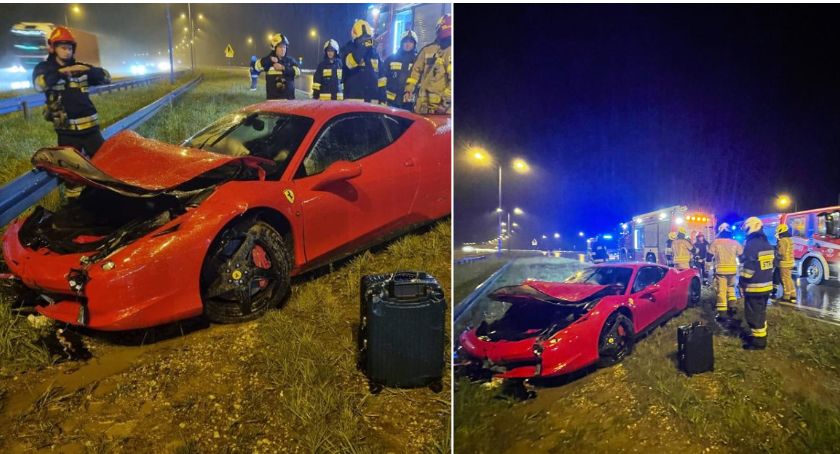 Luksusowe Ferrari rozbiło się na A1 w Gminie Brześć Kujawski [ZDJĘCIA]