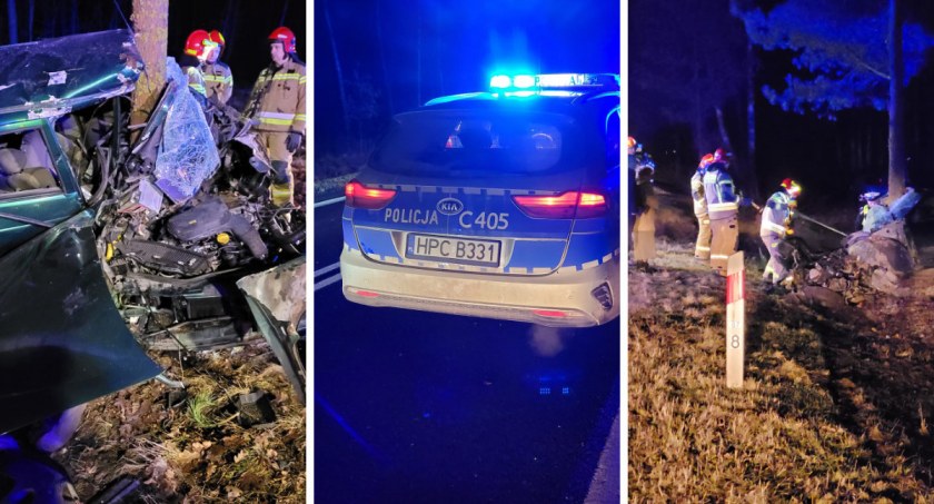 Makabryczny wypadek w Dobiegniewie w Gminie Włocławek. Samochód owinął się wokół drzewa [ZDJĘCIA]