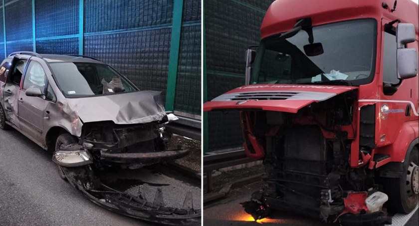 Seat uderzył w bariery a potem w tira na A1 [ZDJĘCIA]