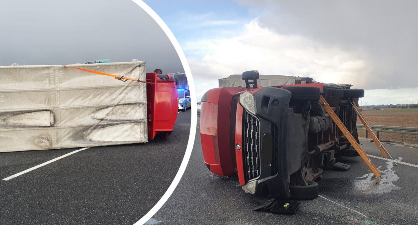Wiatr przewrócił samochód dostawczy na A1 pod Włocławkiem. 4 zastępy straży w akcji