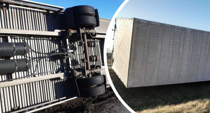 Wiatr przewrócił ciężarówkę na A1. Naczepa wylądowała na skarpie autostrady [ZDJĘCIA]