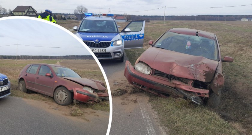 Piracki rajd kierowcy golfa. Mężczyzna prawie wjechał w radiowóz. Na koniec wylądował w rowie