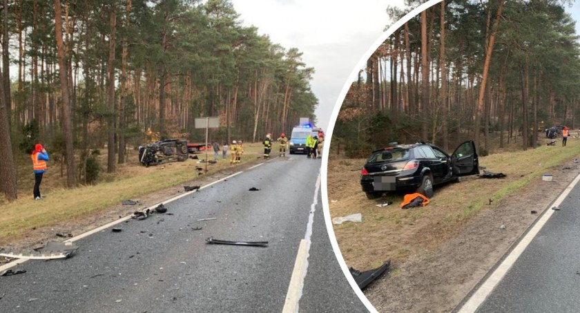 Poważny wypadek na DK10. Bus zderzył się czołowo z oplem. 6 osób trafiło do szpitala