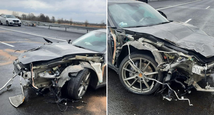 Porsche na A1 wpadło w poślizg i uderzyło w bariery [ZDJĘCIA]