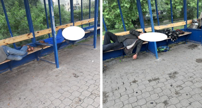 Bezdomni okupują przystanki  na Placu Wolności we Włocławku. Mieszkanka pyta gdzie są służby miejskie