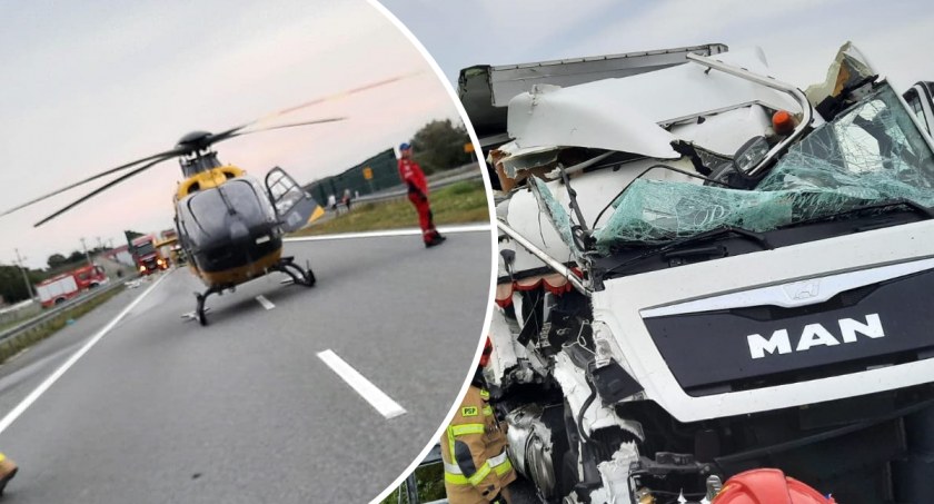 Śmigłowiec LPR w akcji. Wypadek dwóch ciężarówek na A1 w Gminie Lubień Kujawski [ZDJĘCIA]