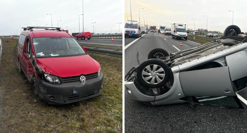 Wypadek na A1. Dachowanie na autostradzie i zderzenie z karetką pogotowia [ZDJĘCIA]