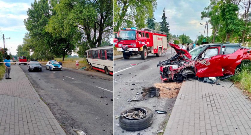 Wypadek w Izbicy Kujawskiej. Toyota zderzyła się z autobusem. Śmigłowiec LPR na miejscu [ZDJĘCIA]