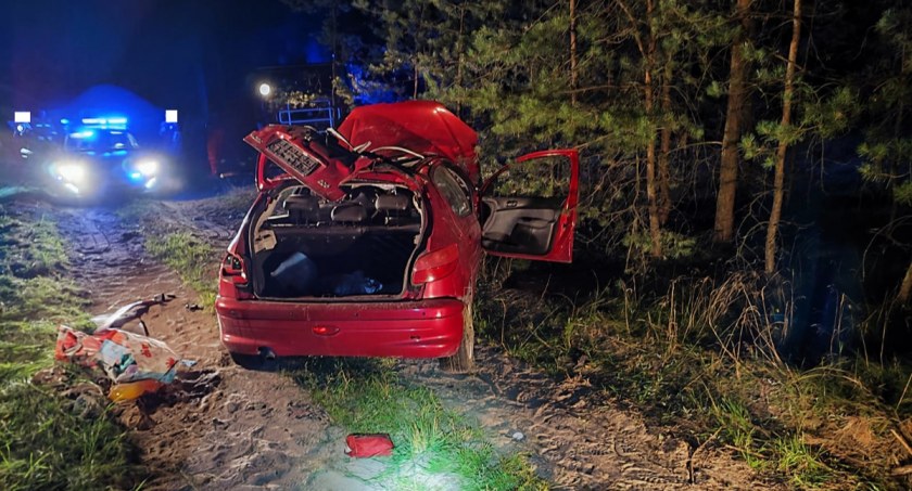 Pościg za Peugeotem 206. Przewoził 9 osób w tym 6 dzieci. Wjechał w drogę leśną i dachował