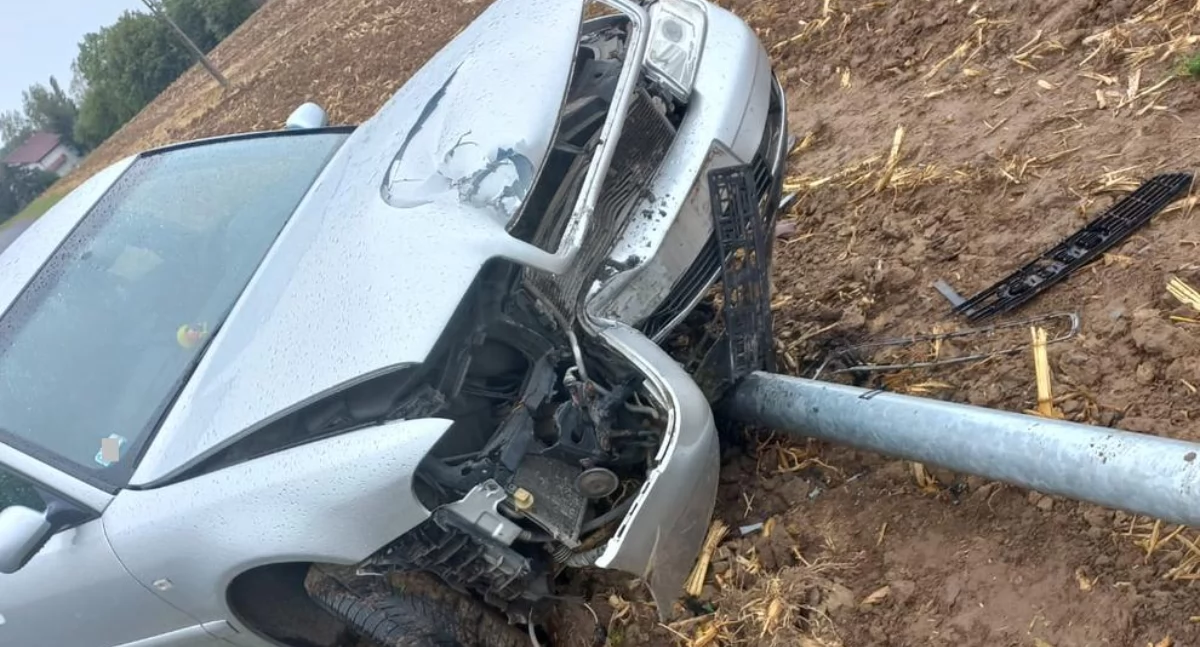 Audi wypadło z drogi i złamało słup oświetleniowy