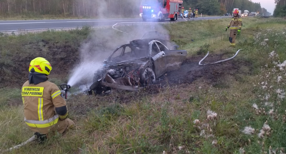 Wpadł do rowu i stanął w ogniu bo chciał uniknąć zderzenia z łosiem. Zwierzę wpadło pod busa [ZDJĘCIA]