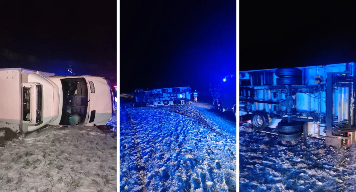  Dachowanie busa i zderzenie dwóch aut. Utrudnienia na A1! Pierwszy śnieg i już wypadek