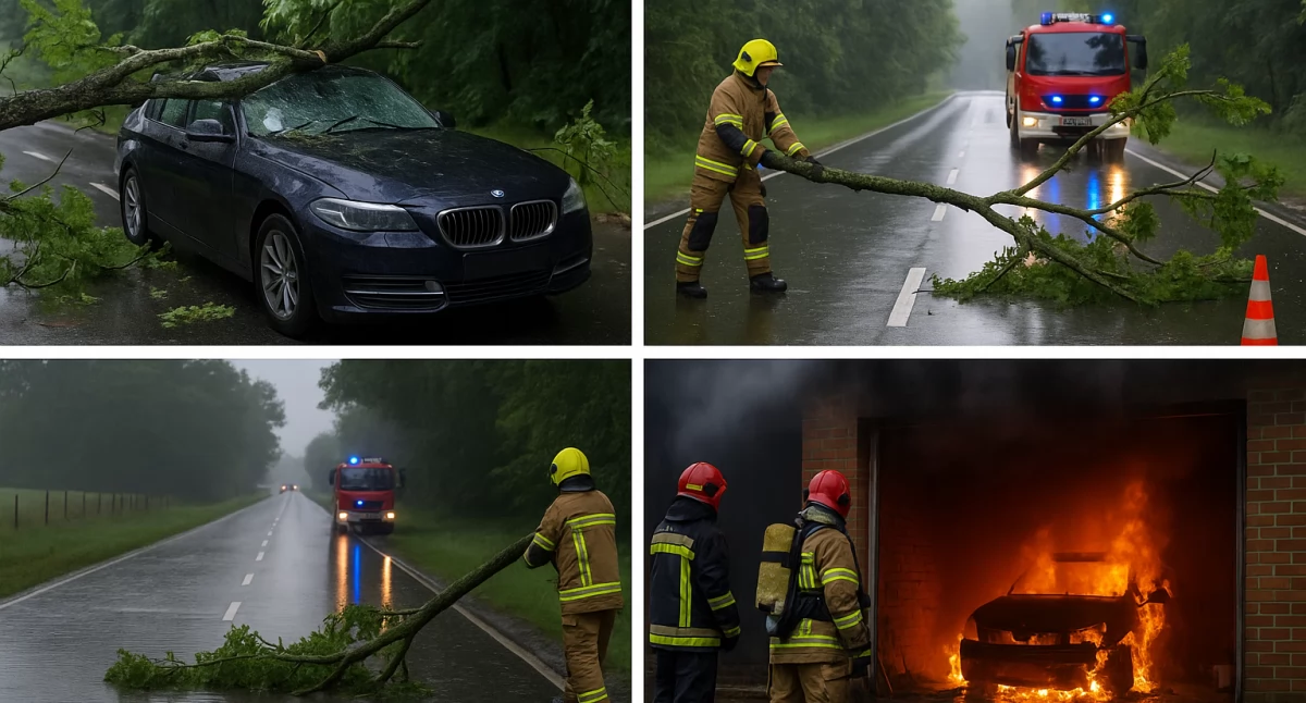 Niszczycielska doba we Włocławku i okolicach. Drzewo spadło na auto, zalana droga i pożar w garażu