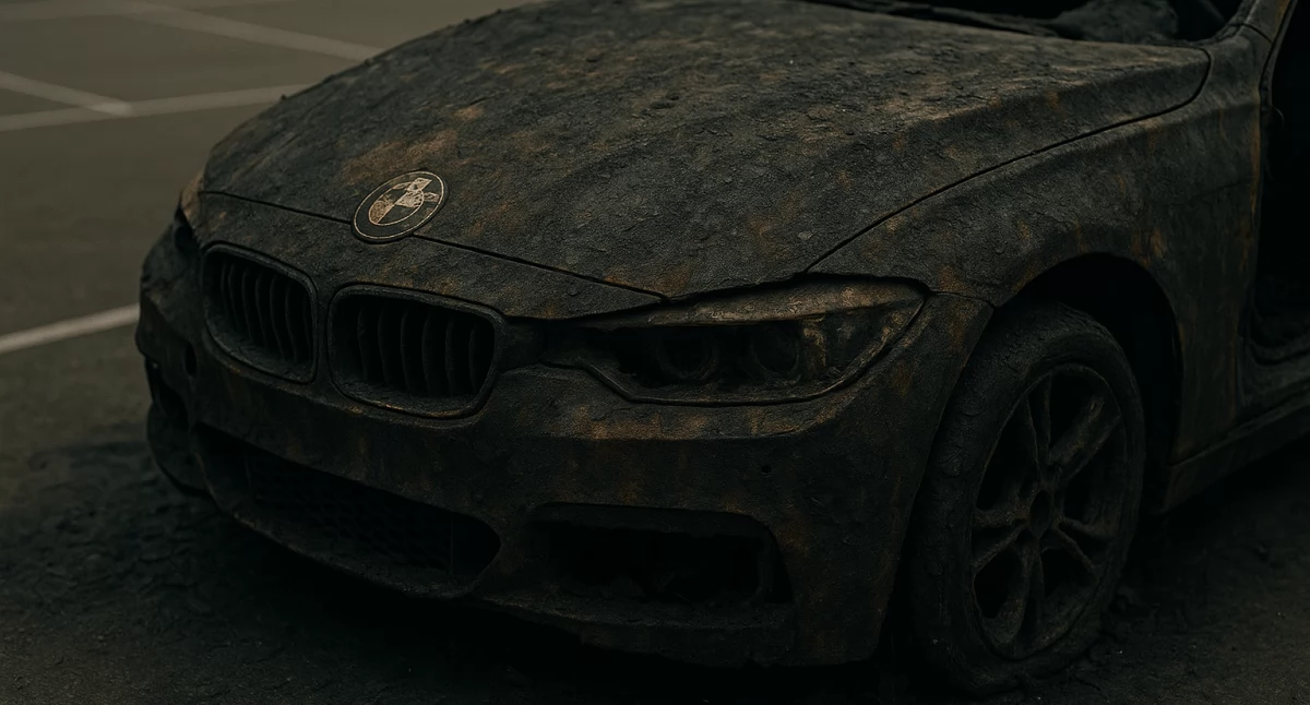Nocny pożar BMW na parkingu. Dwa inne auta uszkodzone