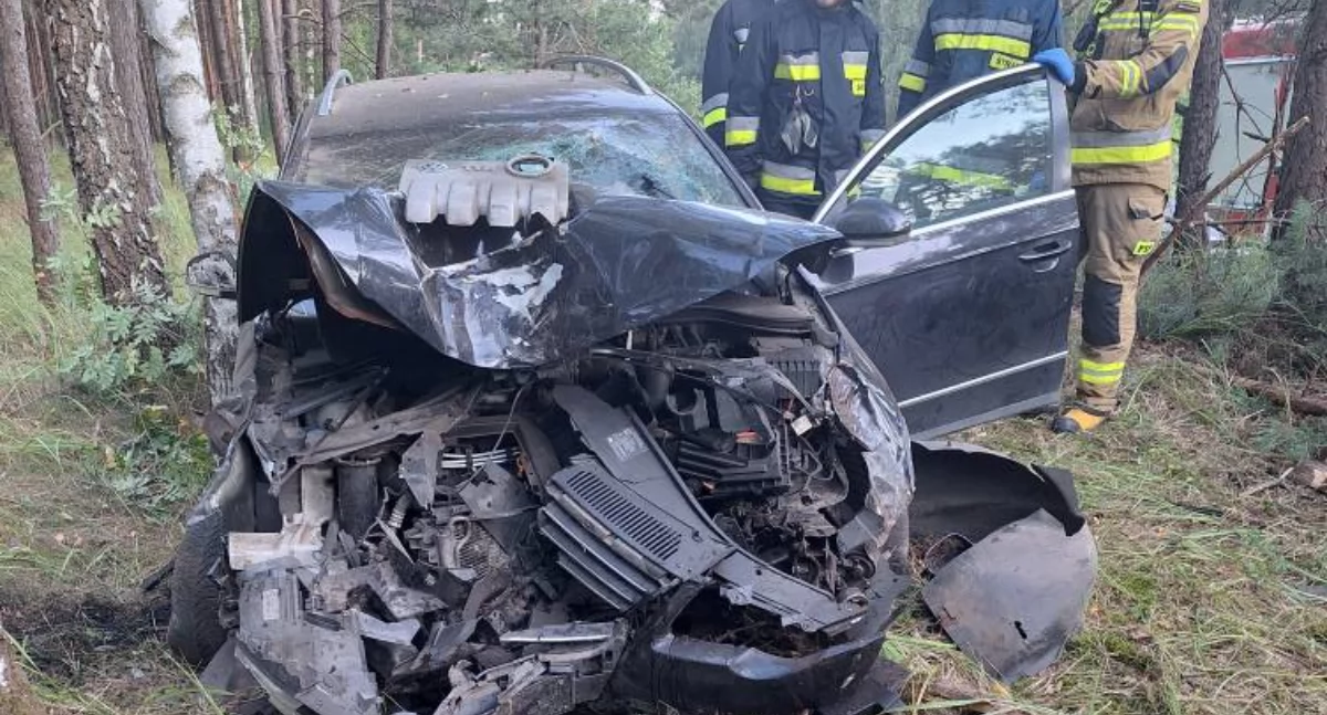 Wypadek w Warząchewce na DK91: Passat wypadł z drogi i uderzył w drzewo