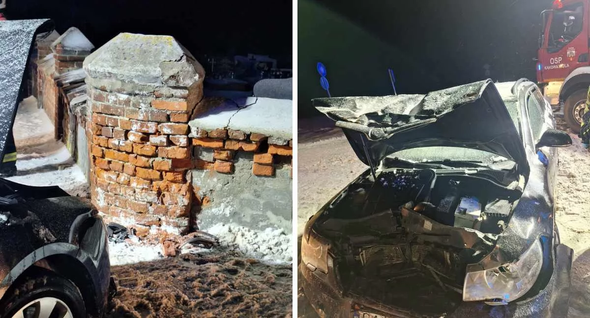 Samochód uderzył w mur cmentarza w Dąbiu Kujawskim. 18-latka w szpitalu