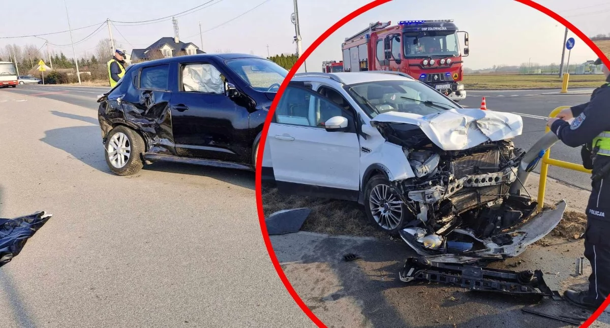 Groźne zderzenie na obwodnicy Lubrańca. Nissan i Ford rozbite, pasażerka trafiła do szpitala