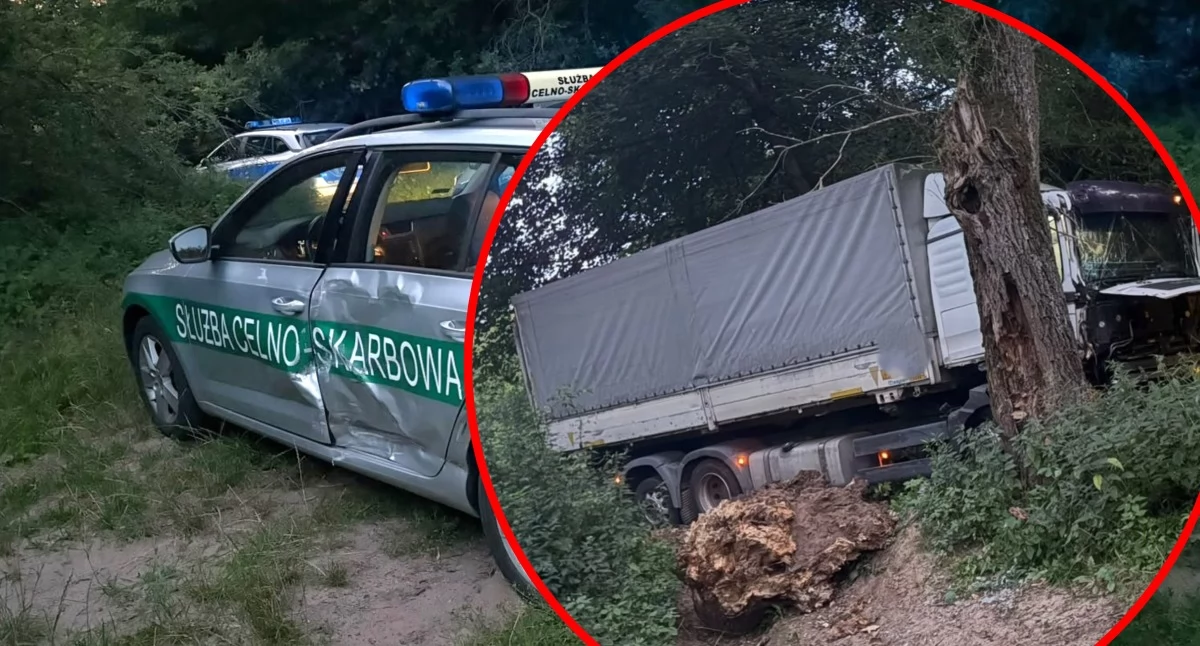 Pościg KAS jak z filmu. Kierowca staranował radiowóz, porzucił ciężarówkę i uciekł do lasu